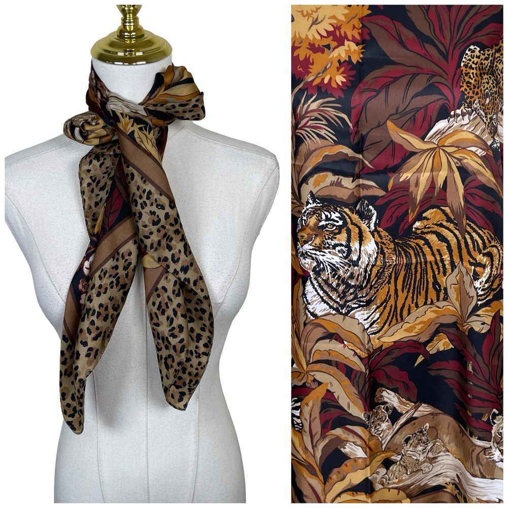 Vintage Avon Safari Jungle Animal Print Scarf Womens Brown Tiger Leopard Italy